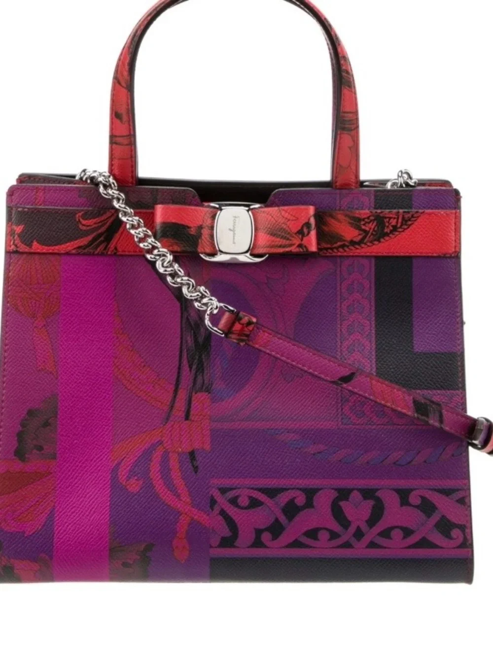 Salvatore Ferragamo Pink & Red Printed Leather Satchel with Bow Detail